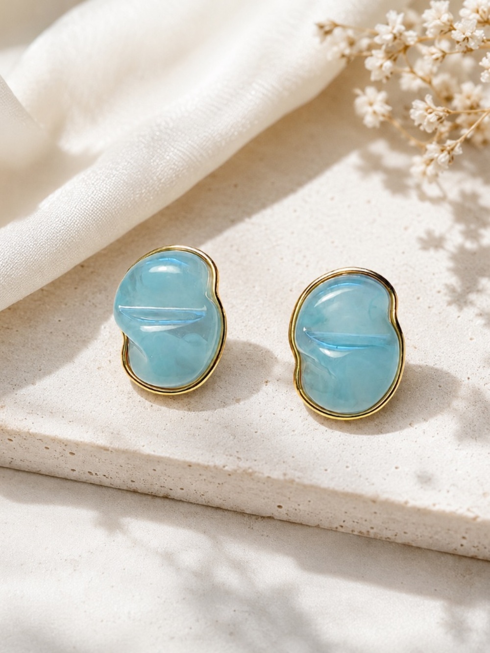 Summer Color Resin Earrings, Gold Plated, Marble Chunky Studs, Organic Shape